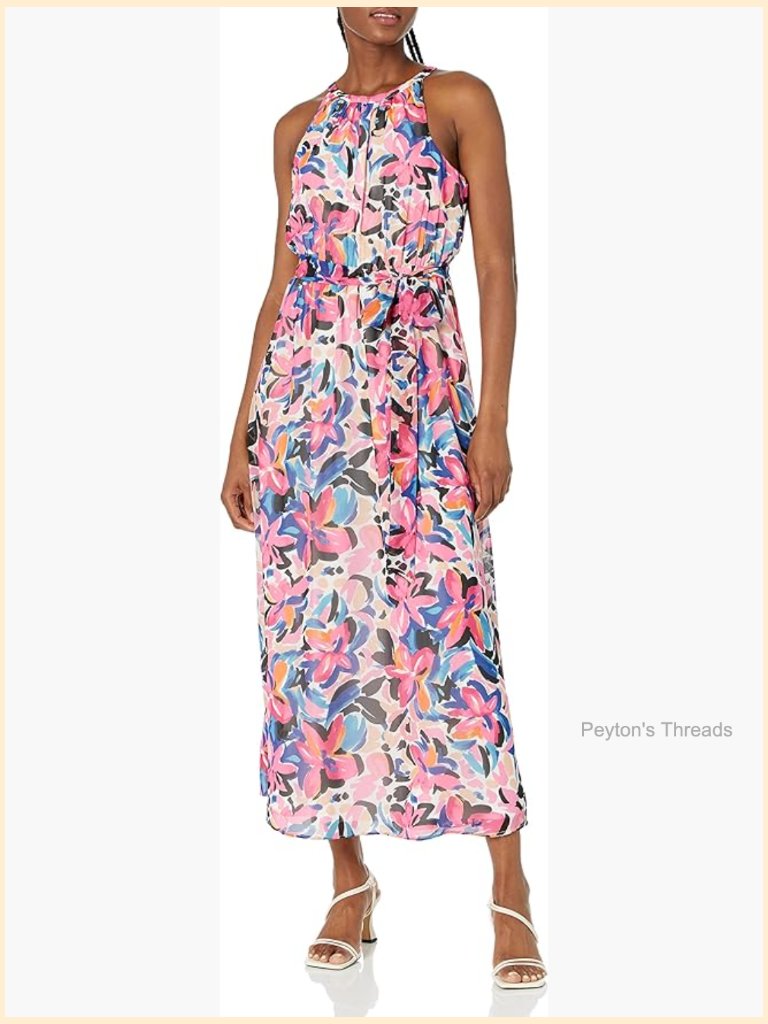 Maxi Halter Dress With Zipper Back, Sleeveless, High Waist, Floral Pattern